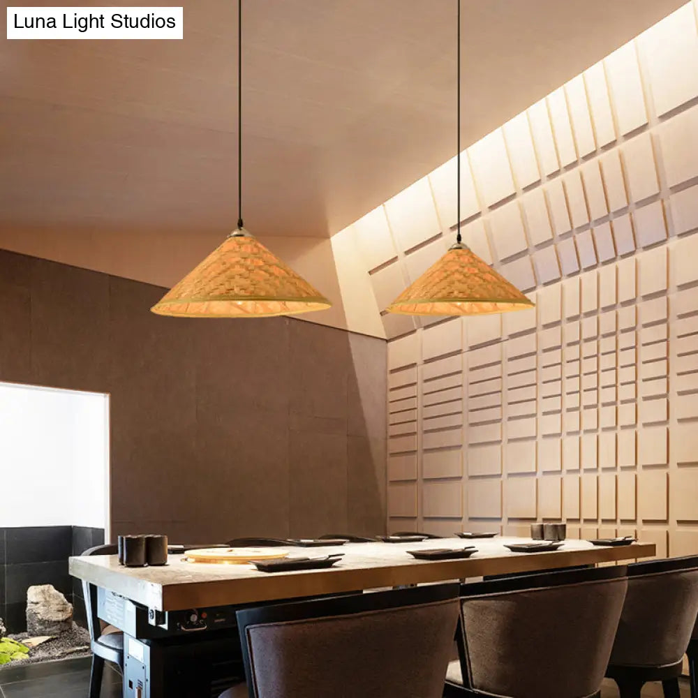 Contemporary Bamboo Pendant Light With Hat Shape: Single-Bulb Wood Suspension Fixture