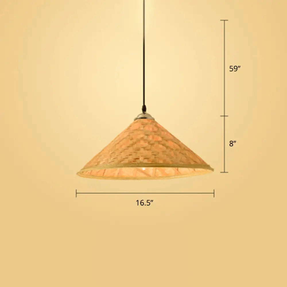 Contemporary Bamboo Pendant Light With Hat Shape: Single-Bulb Wood Suspension Fixture / B
