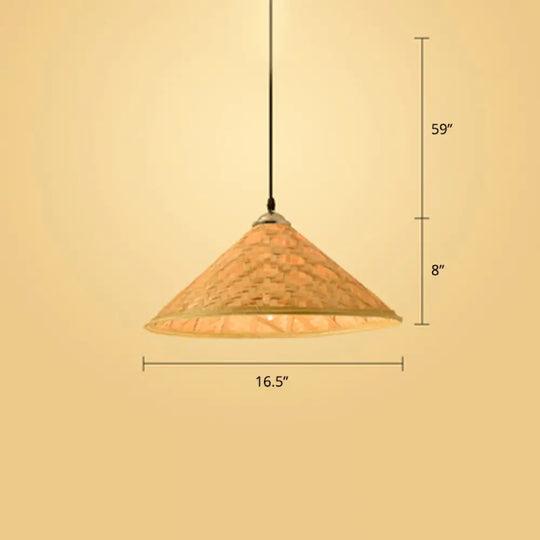 Contemporary Bamboo Pendant Light With Hat Shape: Single-Bulb Wood Suspension Fixture / B