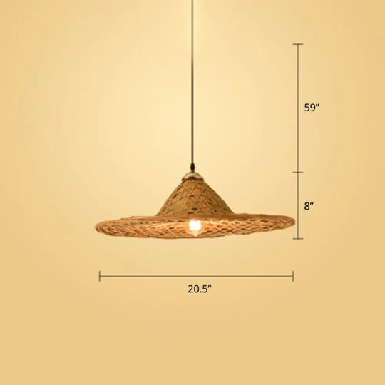 Contemporary Bamboo Pendant Light With Hat Shape: Single-Bulb Wood Suspension Fixture / D