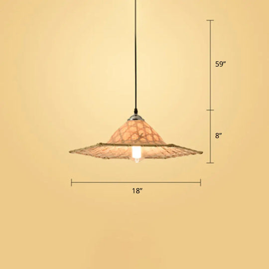Contemporary Bamboo Pendant Light With Hat Shape: Single-Bulb Wood Suspension Fixture / F