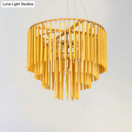Contemporary Bamboo Pendant Light - Yellow Tiered Chandelier With 4 Heads For Restaurants