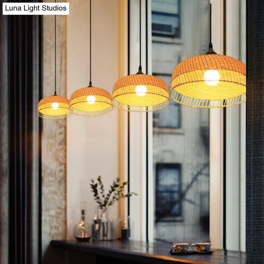 Contemporary Bamboo Wood Dome Pendant Light With Suspension - 1 Bulb Hanging Fixture