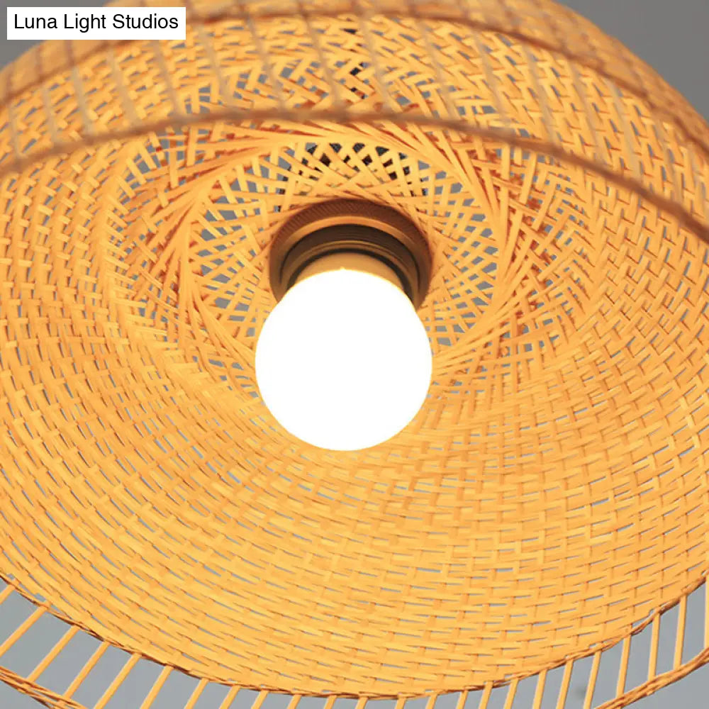 Contemporary Bamboo Wood Dome Pendant Light With Suspension - 1 Bulb Hanging Fixture