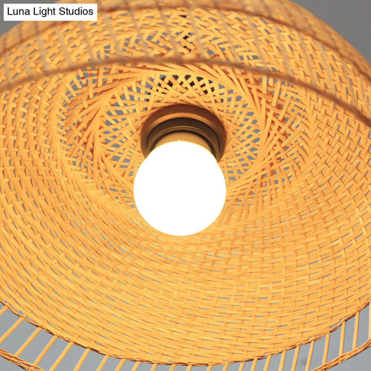 Contemporary Bamboo Wood Dome Pendant Light With Suspension - 1 Bulb Hanging Fixture