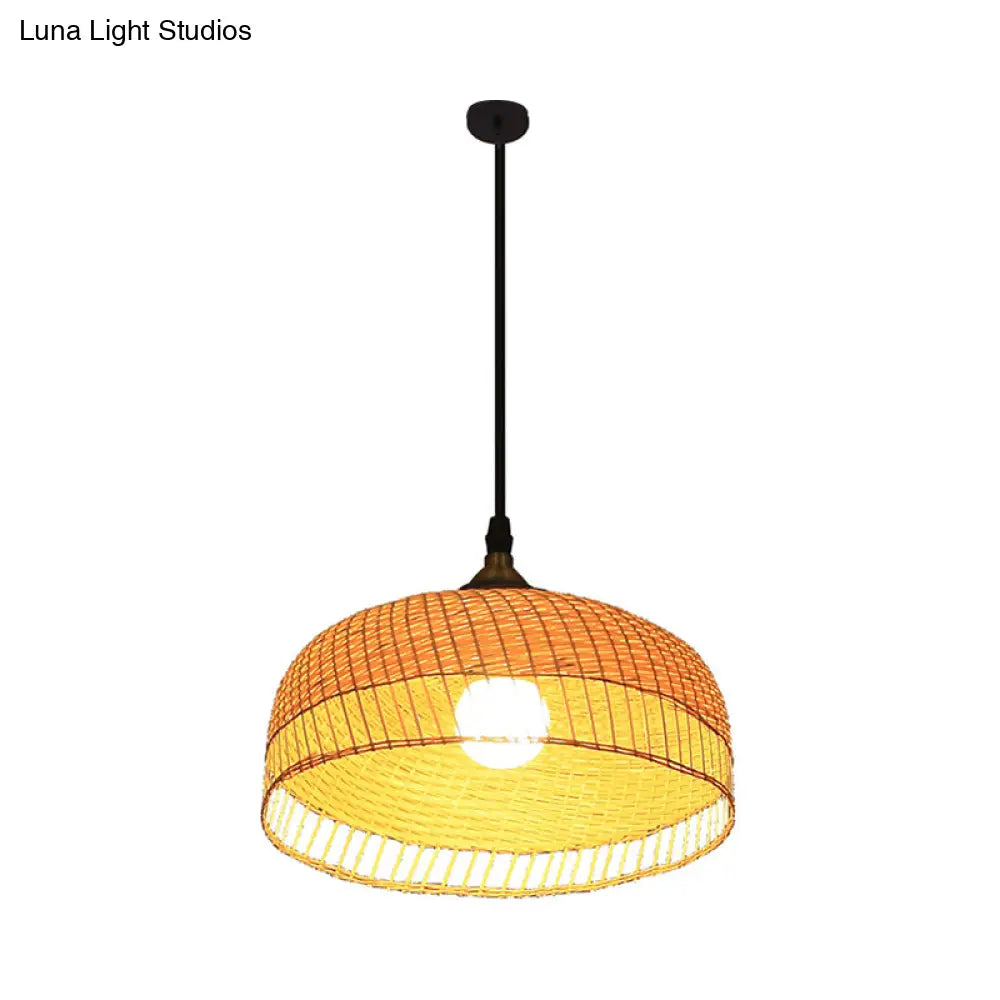 Contemporary Bamboo Wood Dome Pendant Light With Suspension - 1 Bulb Hanging Fixture