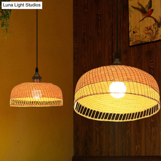 Contemporary Bamboo Wood Dome Pendant Light With Suspension - 1 Bulb Hanging Fixture