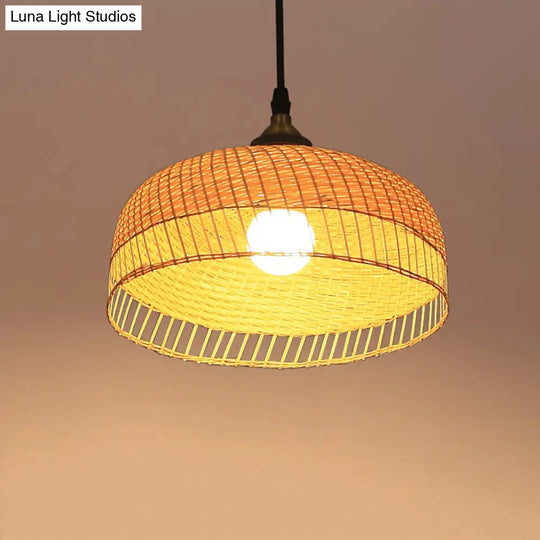 Contemporary Bamboo Wood Dome Pendant Light With Suspension - 1 Bulb Hanging Fixture