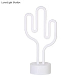 Contemporary Battery Operated Led Cactus Nightstand Lamp - White Plastic Table Lighting