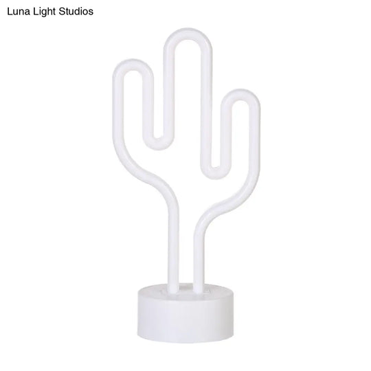 Contemporary Battery Operated Led Cactus Nightstand Lamp - White Plastic Table Lighting