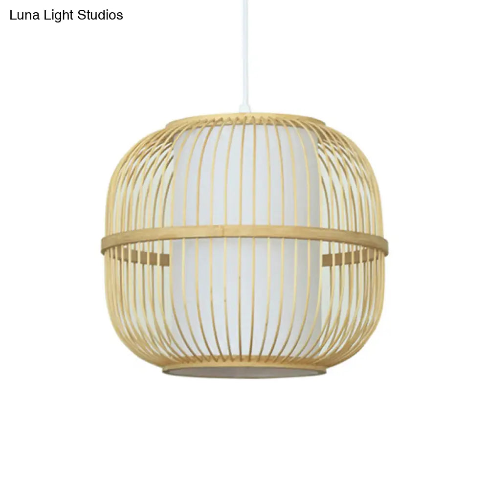 Contemporary Beige Bamboo Pendant Lamp With Inner Cylindrical Shade - 1-Light Ceiling Fixture
