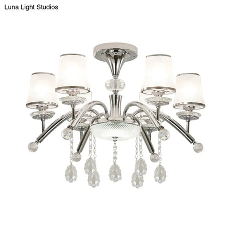 Contemporary Bell Semi Flush Mount Light With Crystal Drop - 6 - Bulb Chrome In Frosted Glass