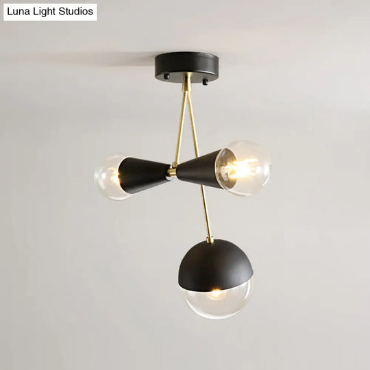 Contemporary Black Ball And Hourglass Semi Flush Mount Ceiling Light With 3 Bulbs Clear Glass