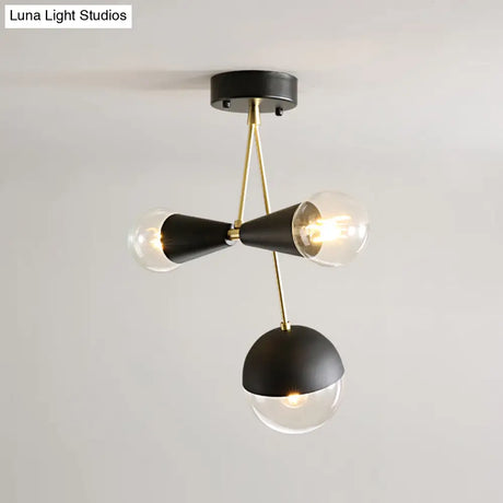 Contemporary Black Ball And Hourglass Semi Flush Mount Ceiling Light With 3 Bulbs – Clear Glass