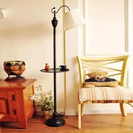 Contemporary Black Base Floor Lamp With Bucket Shade - Ideal For Living Room Beige / Tray
