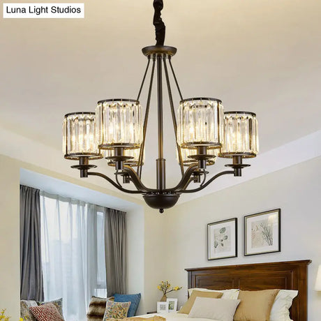 Contemporary Black Bedroom Chandelier Light With Crystal Cylinder Shade