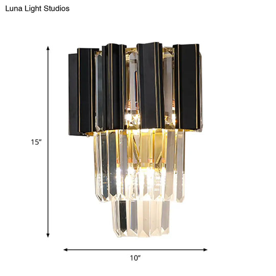 Contemporary Black Box Wall Lamp With 3 Clear Crystal Prisms & Tapered Bulbs