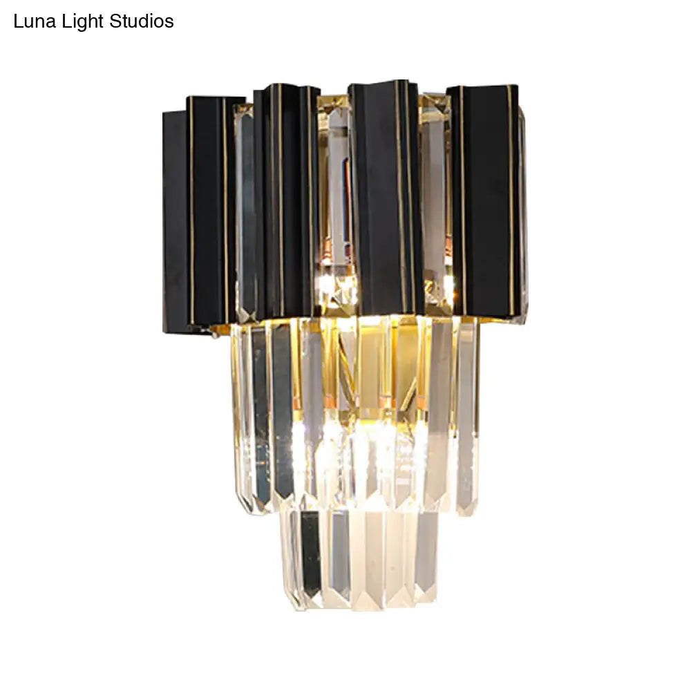 Contemporary Black Box Wall Lamp With 3 Clear Crystal Prisms & Tapered Bulbs