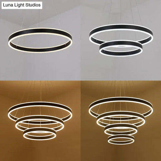 Contemporary Black/Brown Ring Pendant Chandelier With Acrylic Led Lights - 2/3/4 Options In