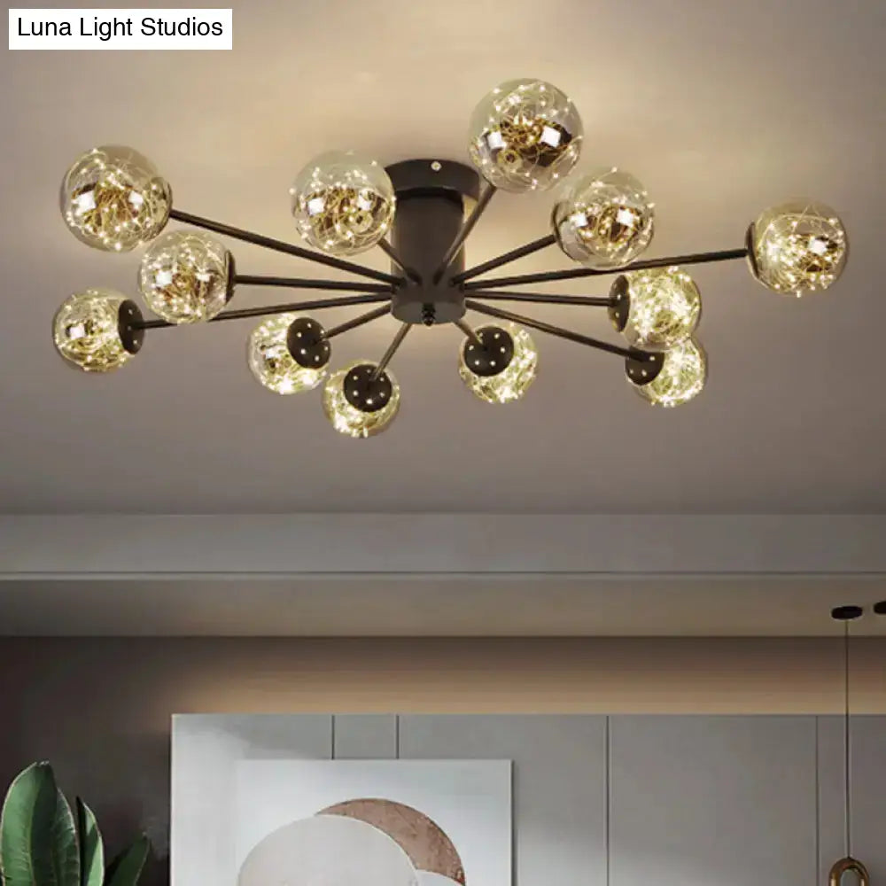 Contemporary Black Ceiling Light Fixture With Radial Smoke Grey Glass - Living Room Semi Flush