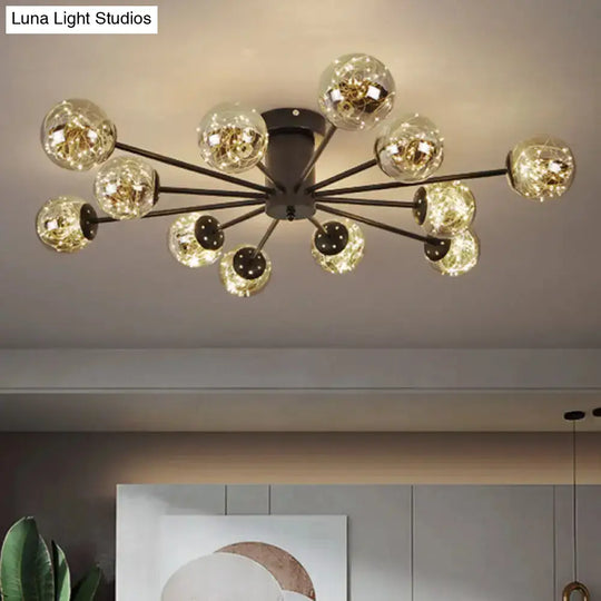 Contemporary Black Ceiling Light Fixture With Radial Smoke Grey Glass - Living Room Semi Flush
