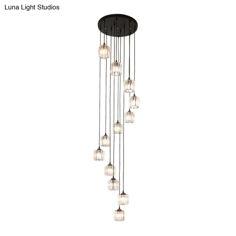 Contemporary Black Cylinder Crystal Pendant With 12 Lights - Perfect For Living Room Lighting