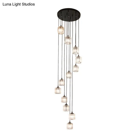 Contemporary Black Cylinder Crystal Pendant - 12 Light Hanging Lamp For Living Room