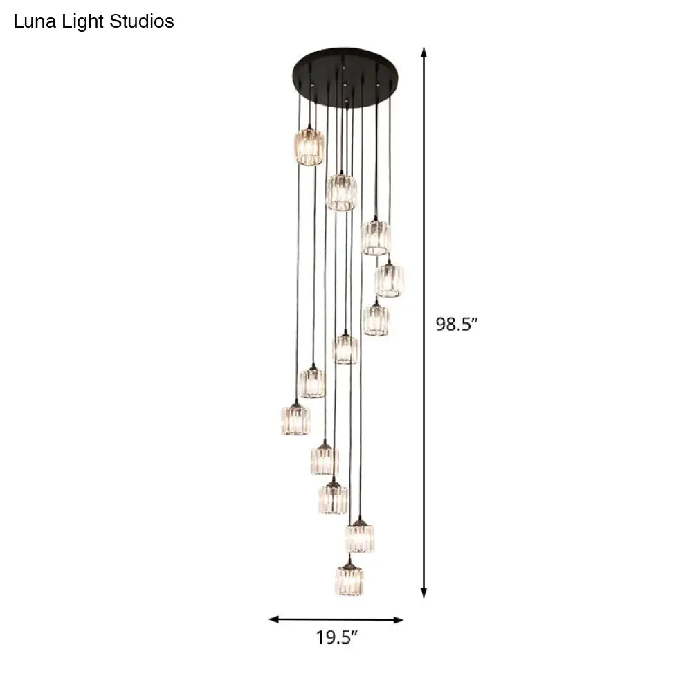 Contemporary Black Cylinder Crystal Pendant With 12 Lights - Perfect For Living Room Lighting