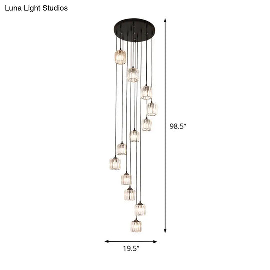 Contemporary Black Cylinder Crystal Pendant With 12 Lights - Perfect For Living Room Lighting