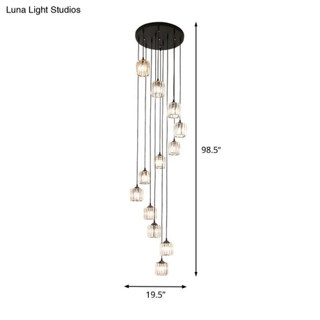 Contemporary Black Cylinder Crystal Pendant - 12 Light Hanging Lamp For Living Room