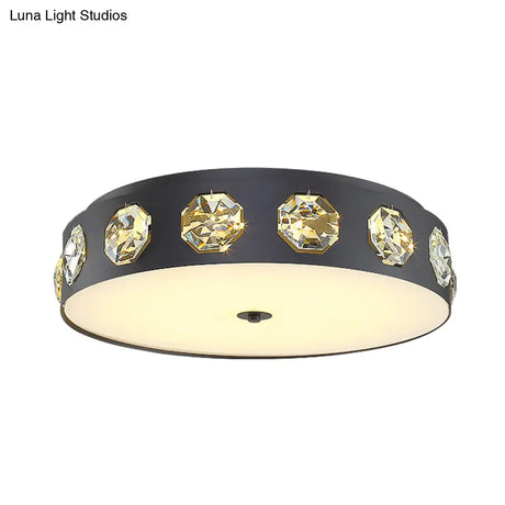 Contemporary Black Led Flush Mount Ceiling Light Fixture With Crystal Drum Insert
