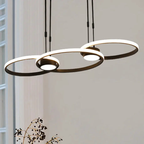 Contemporary Black Led Pendant Chandelier - Ring Metal Hanging Light Warm/White Illumination / White