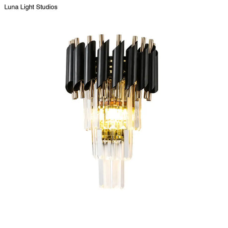 Contemporary Black Rectangle Crystal Tiered Wall Sconce - 2 Lights Mounted Lamp
