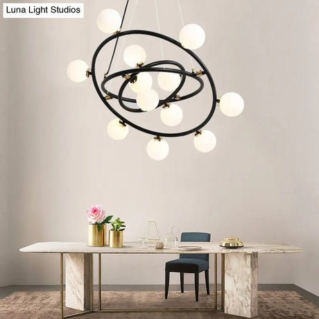 Contemporary Black Round Suspension Chandelier With Opal Glass Shade - 15 Lights