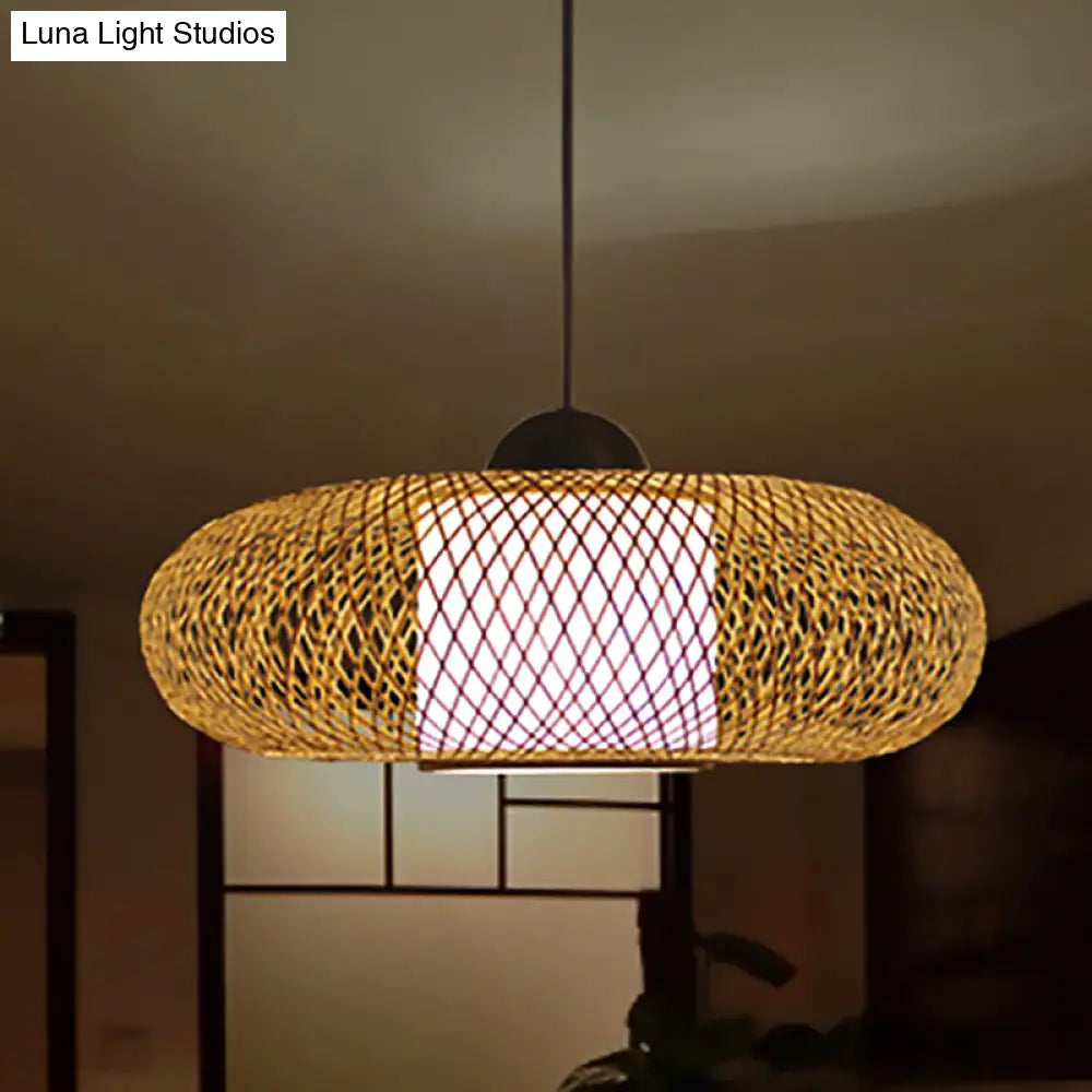 Contemporary Black/Wood Cross Woven Pendant Light With Drum Shade - 1 Head Bamboo Hanging Lamp