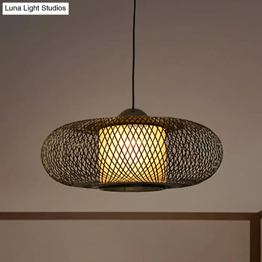 Contemporary Black/Wood Cross Woven Pendant Light With Drum Shade - 1 Head Bamboo Hanging Lamp