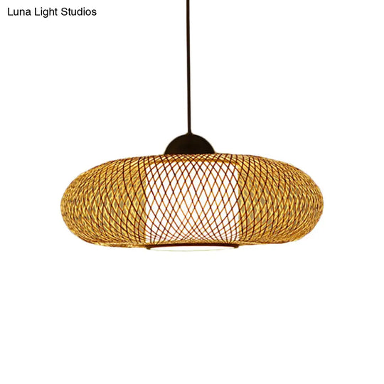 Contemporary Black/Wood Cross Woven Pendant Light With Drum Shade - 1 Head Bamboo Hanging Lamp