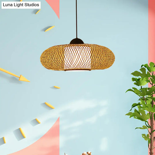 Contemporary Black/Wood Cross Woven Pendant Light With Drum Shade - 1 Head Bamboo Hanging Lamp