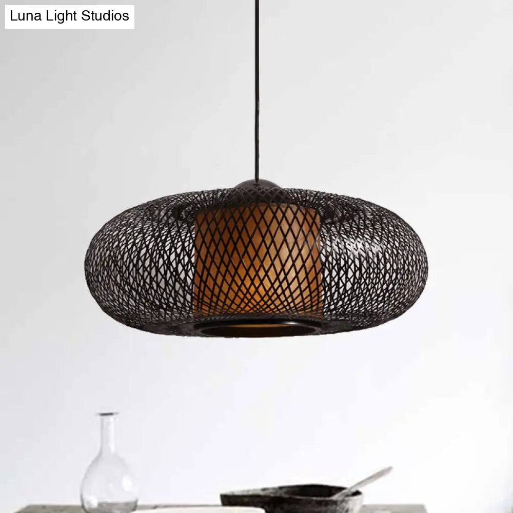Contemporary Black/Wood Cross Woven Pendant Light With Drum Shade - 1 Head Bamboo Hanging Lamp
