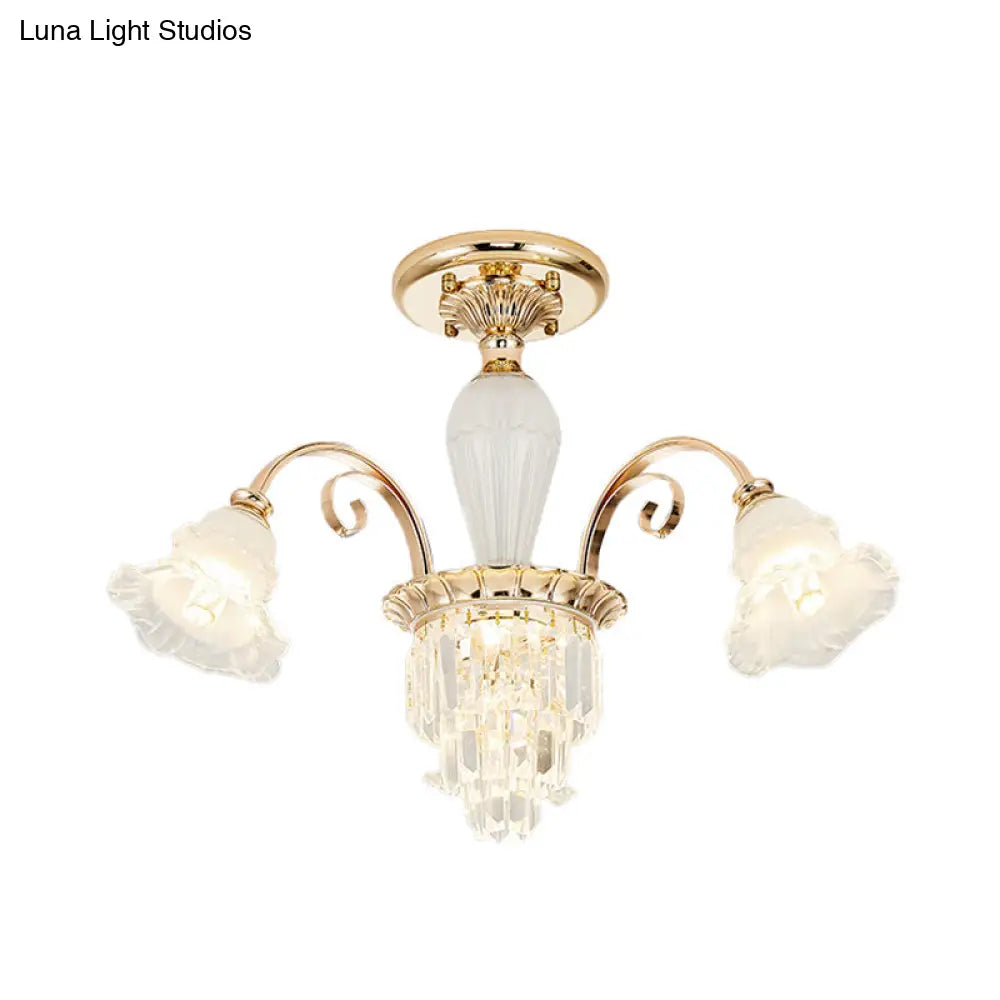 Contemporary Bloom Semi Flush Gold Light With Opal Glass & Crystal Accents
