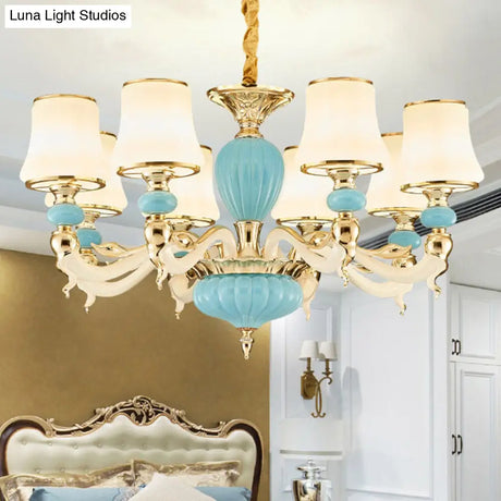 Contemporary Blue Ceramic Chandelier With Opal Glass Shade - Modern Lighting Fixture