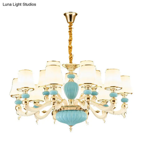 Contemporary Blue Ceramic Chandelier With Opal Glass Shade - Modern Lighting Fixture