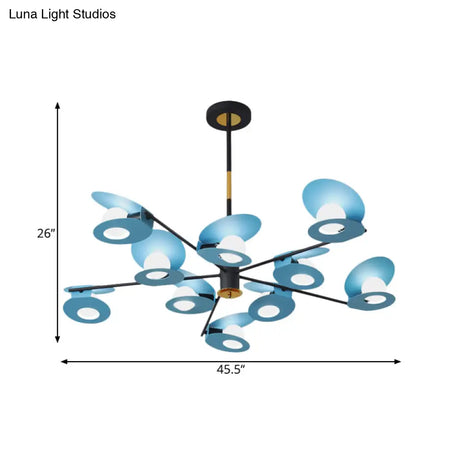 Contemporary Blue Disk Suspension Light Chandelier - Metallic Finish 10-Bulb Living Room Lamp with Hollow Out Design