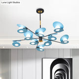 Contemporary Blue Disk Suspension Light Chandelier - Metallic Finish 10-Bulb Living Room Lamp with Hollow Out Design