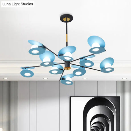 Contemporary Blue Disk Suspension Light Chandelier - Metallic Finish 10-Bulb Living Room Lamp with Hollow Out Design