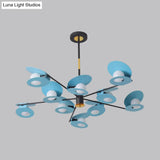 Contemporary Blue Disk Suspension Light Chandelier - Metallic Finish 10-Bulb Living Room Lamp with Hollow Out Design