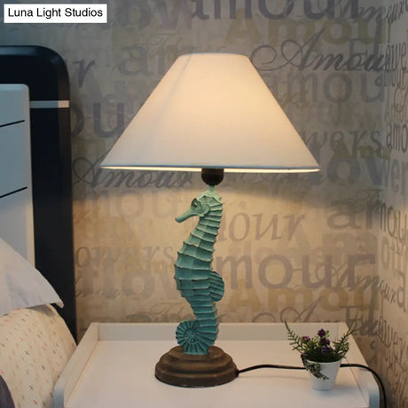 Contemporary Blue/Red Sea Horse Table Lamp With Cone Fabric Shade - Resin 1 Light