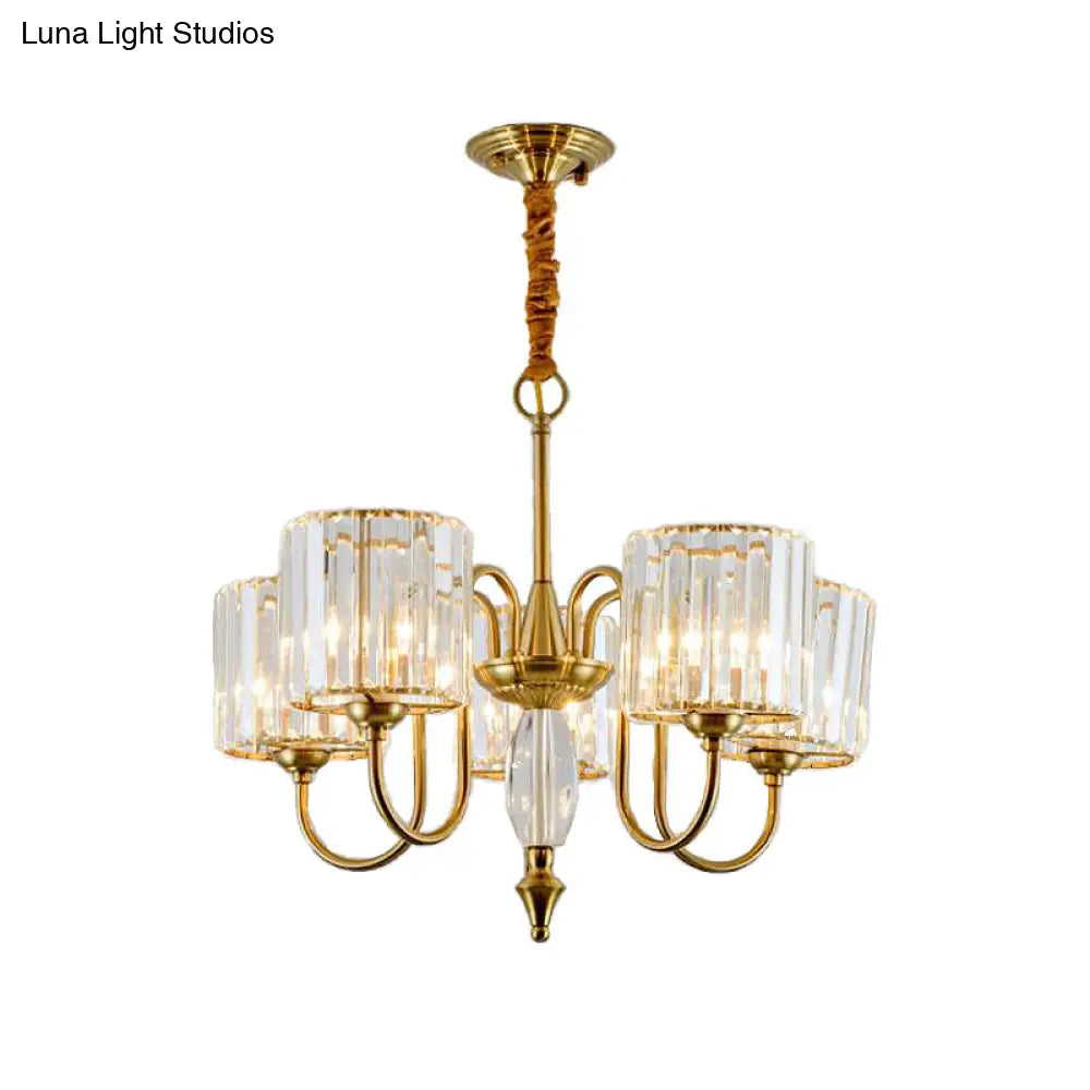 Contemporary Brass Cylinder Ceiling Chandelier With Crystal Facets - 3/5/6 Head Pendant Light