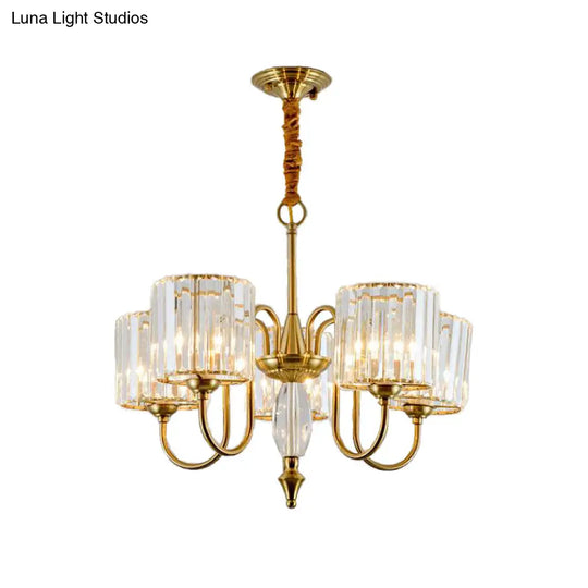 Contemporary Brass Cylinder Ceiling Chandelier With Crystal Facets - 3/5/6 Head Pendant Light