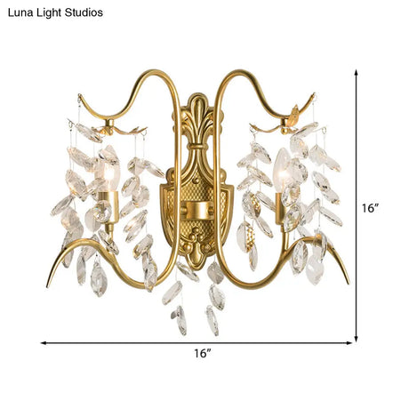 Contemporary Brass Sconce Light With Clear Crystal Strand - Curve Arm Wall (2-Light)